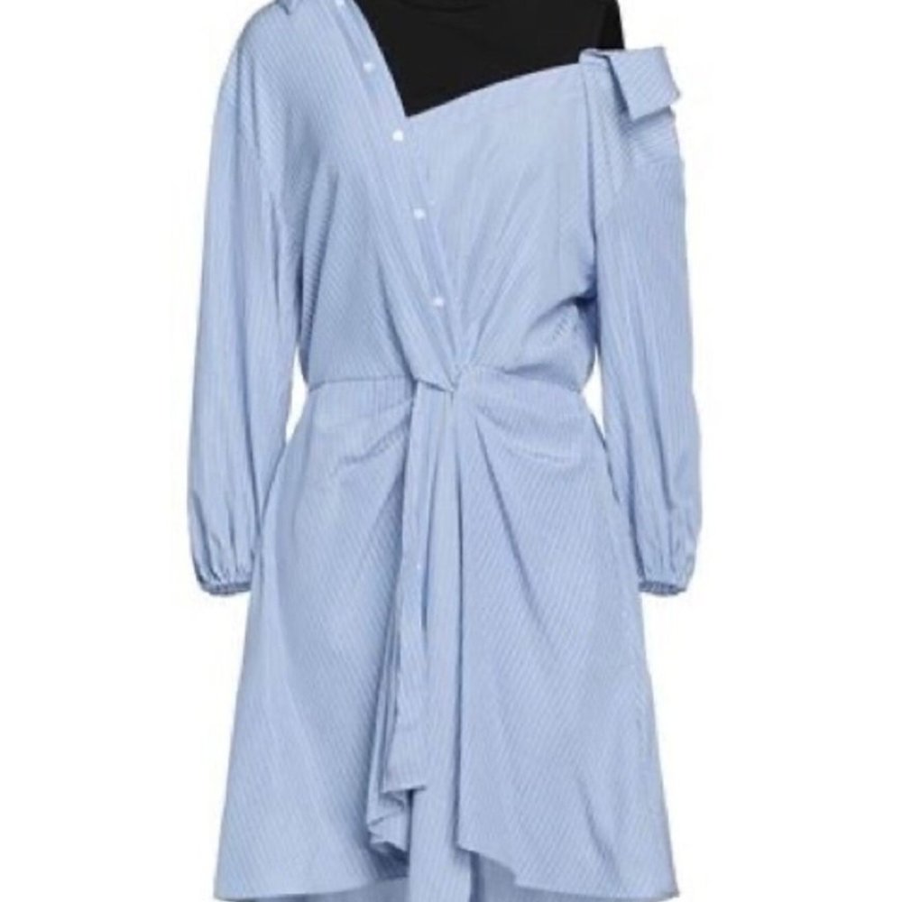 Maje Office Shirting Stripe Asymmetrical Off The Shoulder Mixed Media Dress